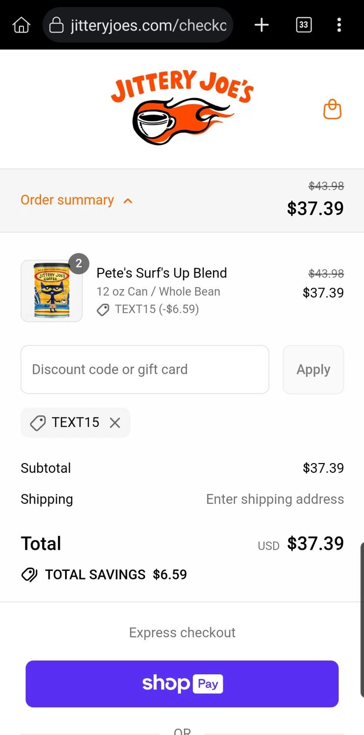 Jittery Joe's discount code screenshot showing code TEXT15 applied at Jittery Joe's checkout page. Uploaded by SimplyCodes community member Carloslvz on Jul 10, 2025
