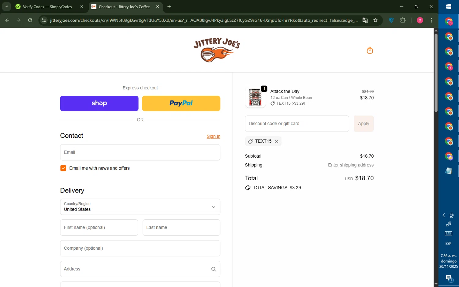 Jittery Joe's discount code screenshot showing code TEXT15 applied at Jittery Joe's checkout page. Uploaded by SimplyCodes community member LegendaryRanger6350 on Nov 30, 2025