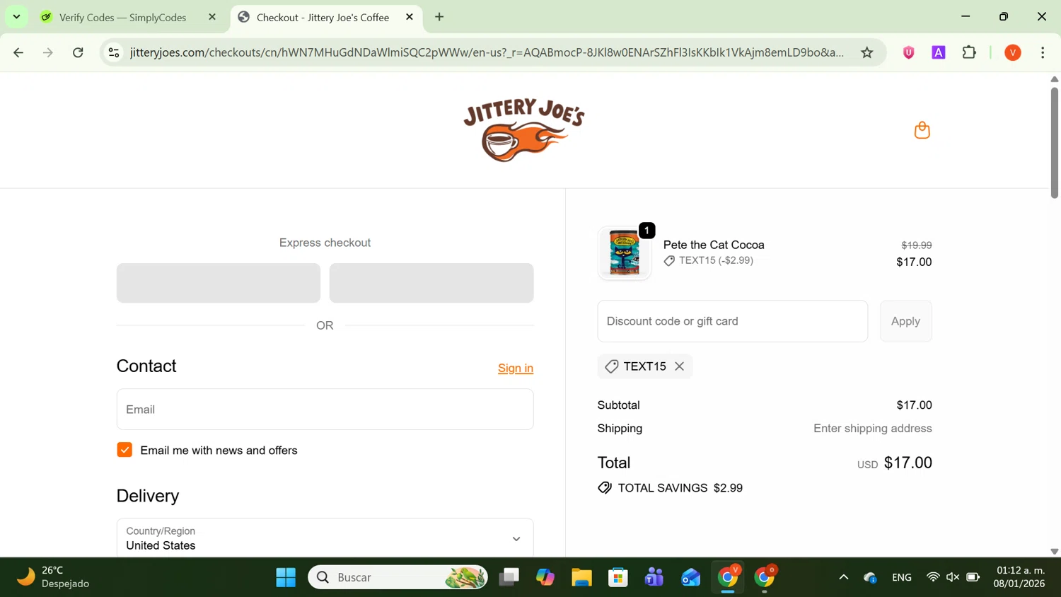 Jittery Joe's discount code screenshot showing code TEXT15 applied at Jittery Joe's checkout page. Uploaded by SimplyCodes community member SavingsCaptain8190 on Jan 8, 2026