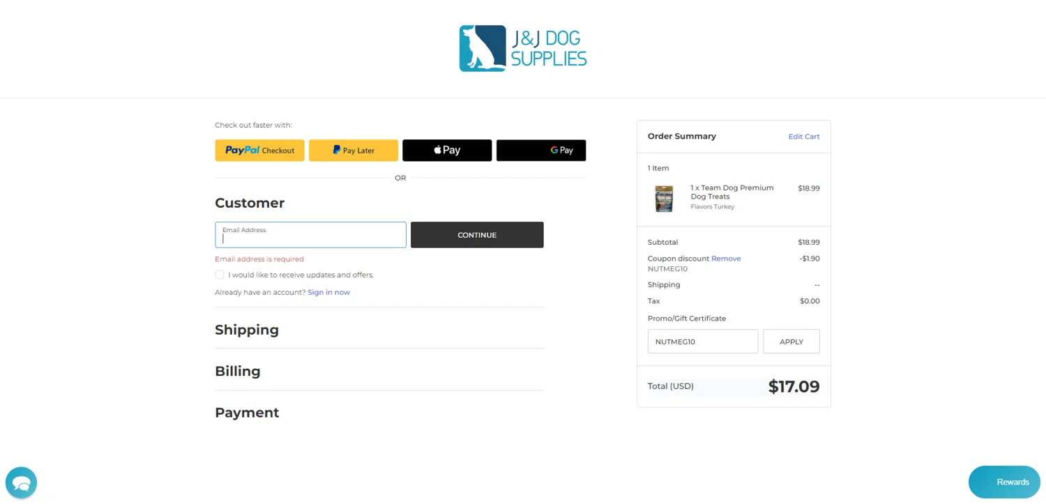 J&J Dog Supplies promo code screenshot showing code NUTMEG10 applied at J&J Dog Supplies checkout page. Uploaded by SimplyCodes community member TreasureKnight4134 on Dec 24, 2025