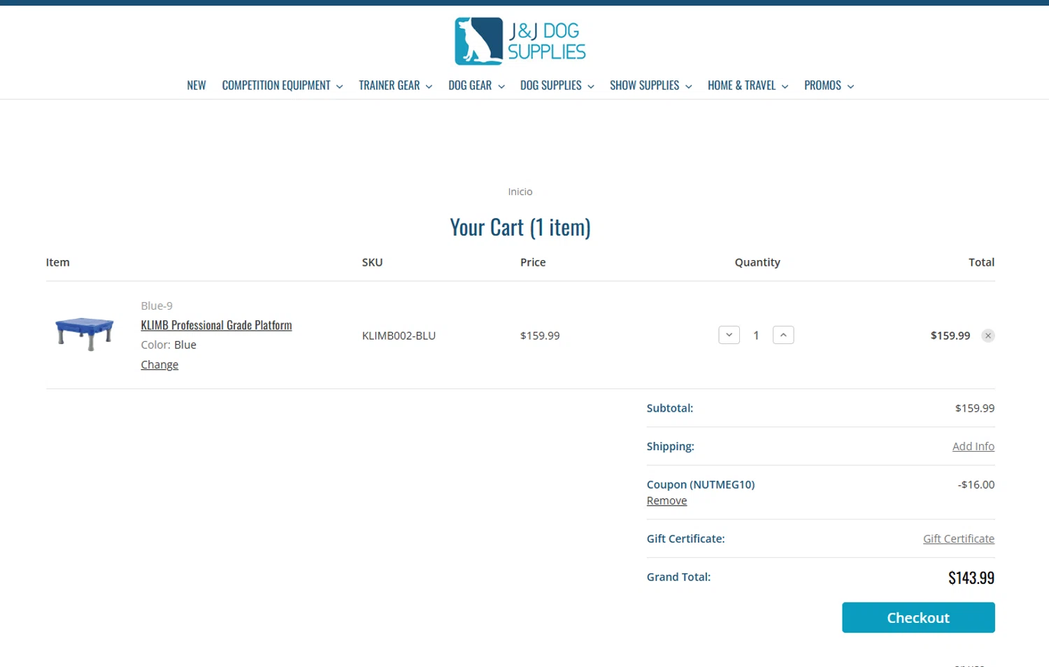 J&J Dog Supplies promo code screenshot showing code NUTMEG10 applied at J&J Dog Supplies checkout page. Uploaded by SimplyCodes community member ValiantPioneer1048 on May 10, 2025
