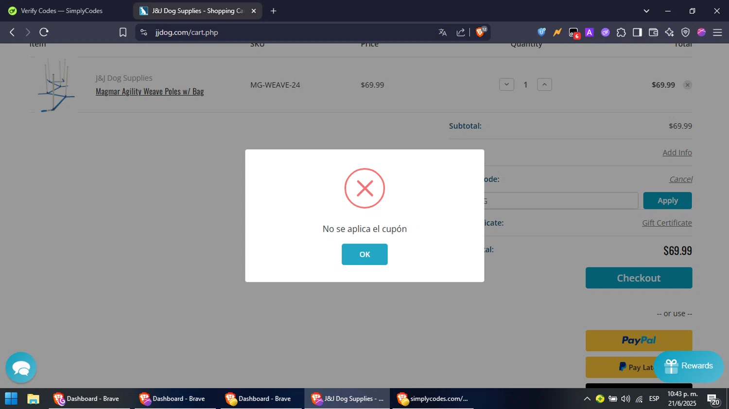 J&J Dog Supplies promo code screenshot showing code STERLING applied at J&J Dog Supplies checkout page. Uploaded by SimplyCodes community member NobleFox488 on Jun 22, 2025