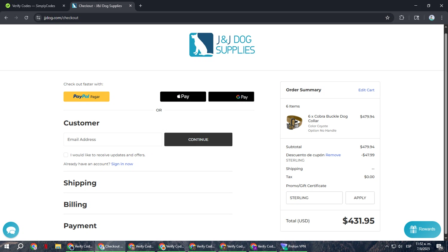 J&J Dog Supplies promo code screenshot showing code STERLING applied at J&J Dog Supplies checkout page. Uploaded by SimplyCodes community member ShrewdSeeker6165 on Aug 7, 2025