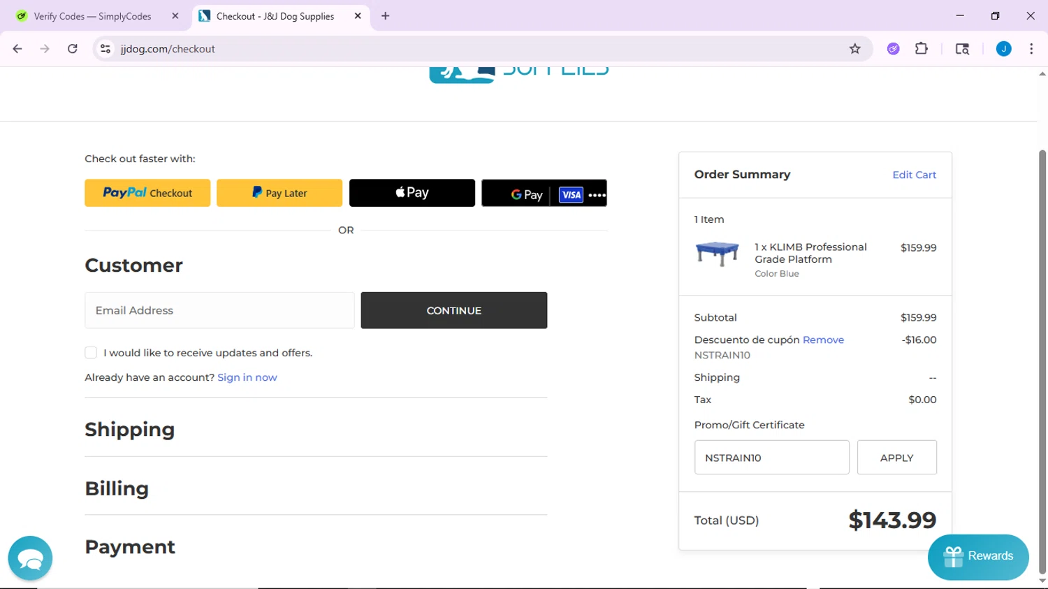 J&J Dog Supplies promo code screenshot showing code NSTRAIN10 applied at J&J Dog Supplies checkout page. Uploaded by SimplyCodes community member CodeLynx3161 on Jun 22, 2025
