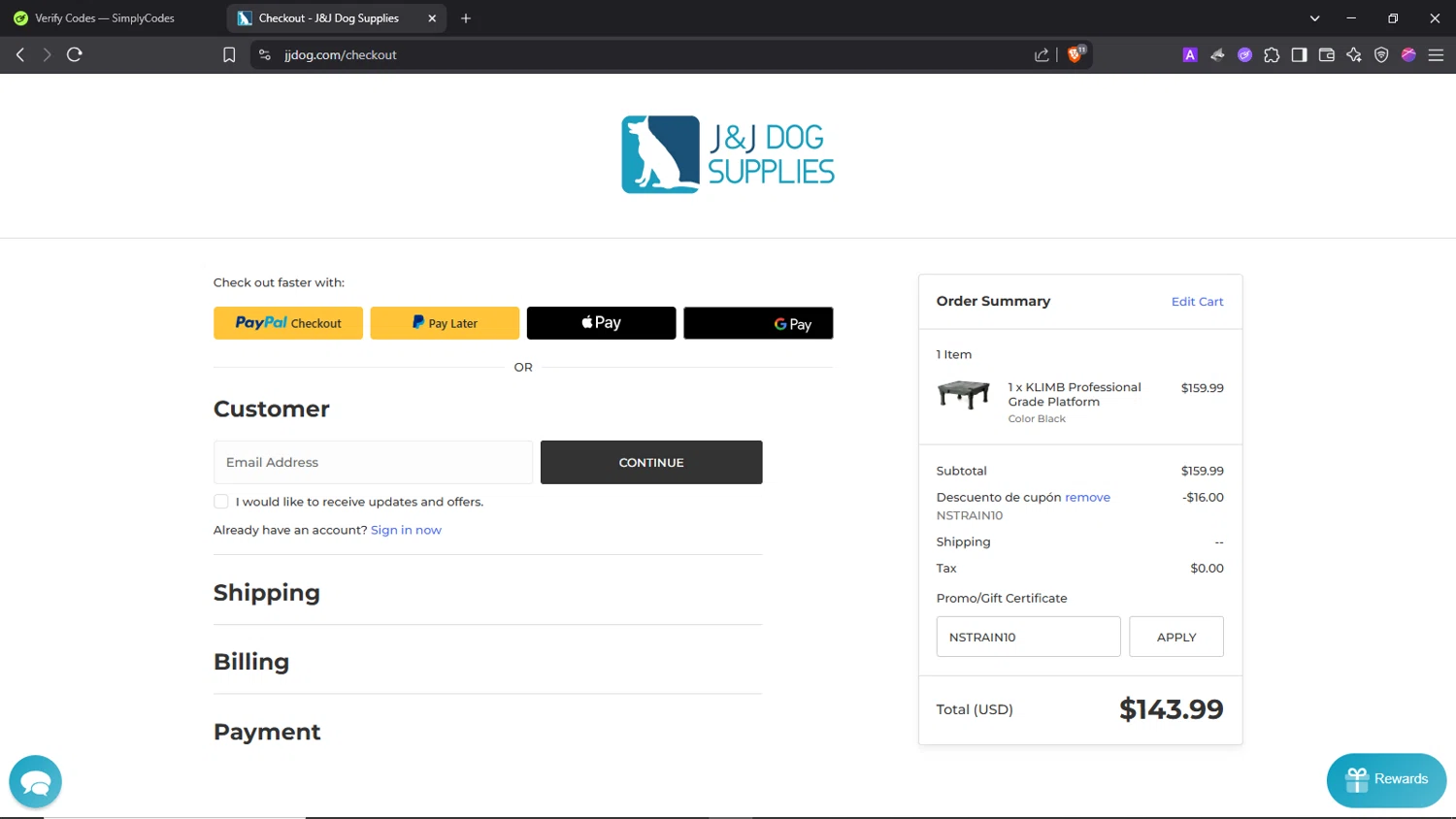 J&J Dog Supplies promo code screenshot showing code NSTRAIN10 applied at J&J Dog Supplies checkout page. Uploaded by SimplyCodes community member Morrachida04 on Jun 15, 2025