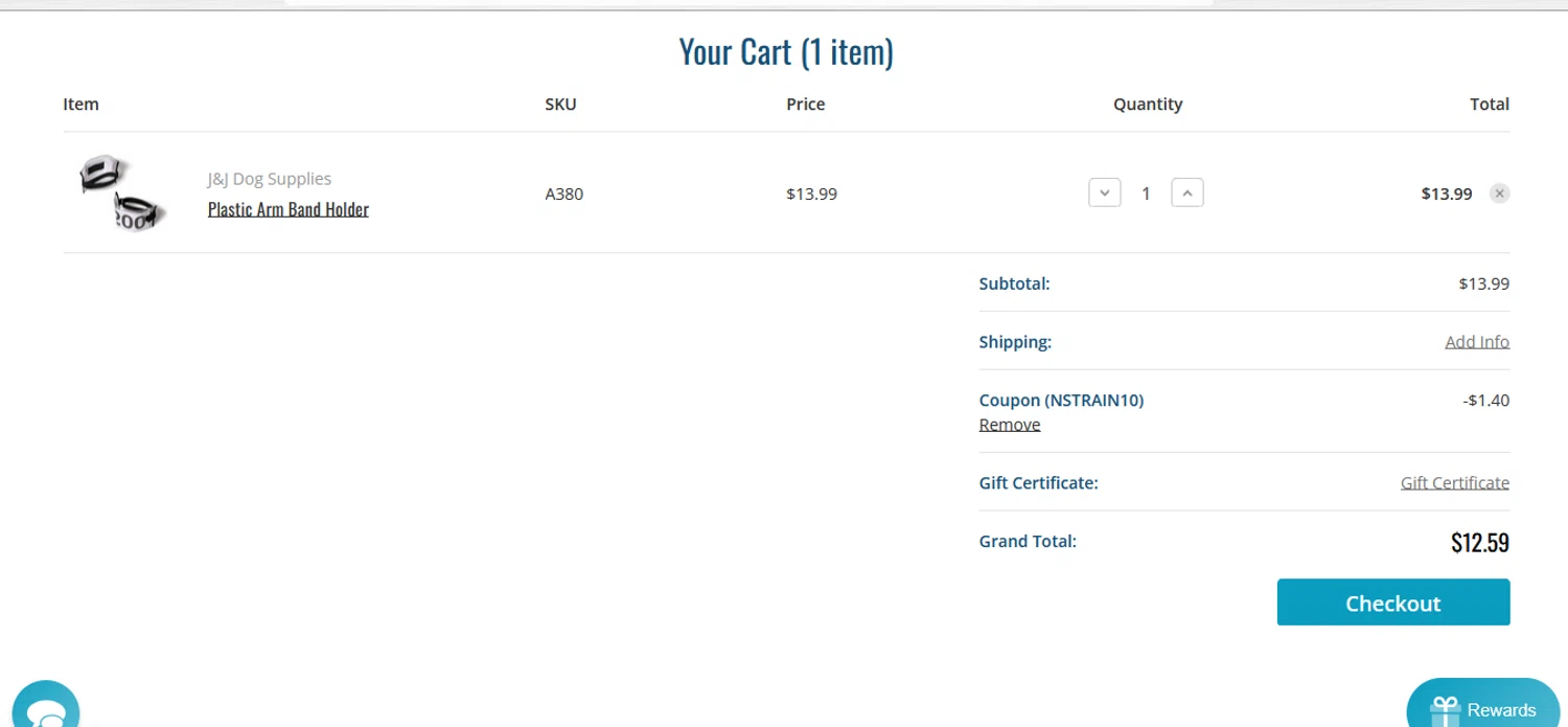 J&J Dog Supplies promo code screenshot showing code NSTRAIN10 applied at J&J Dog Supplies checkout page. Uploaded by SimplyCodes community member CRYSTALSUICINE on Jun 8, 2025