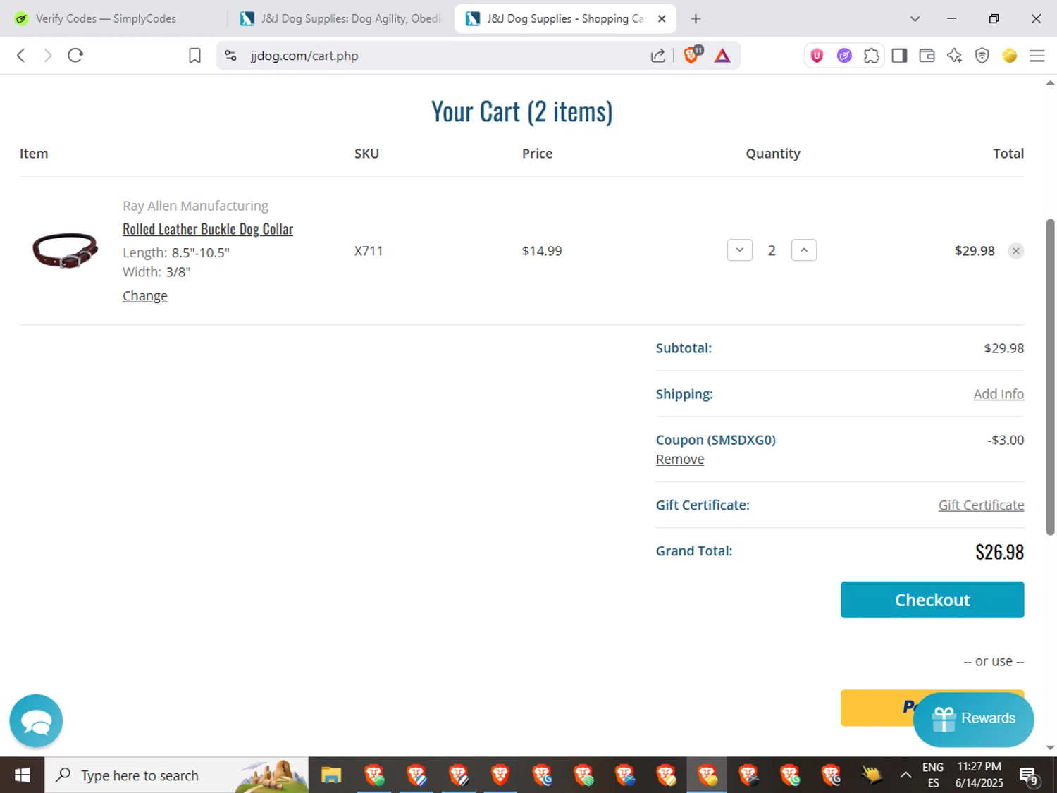 J&J Dog Supplies promo code screenshot showing code SMSDXG0 applied at J&J Dog Supplies checkout page. Uploaded by SimplyCodes community member QuestWarden1268 on Jun 15, 2025
