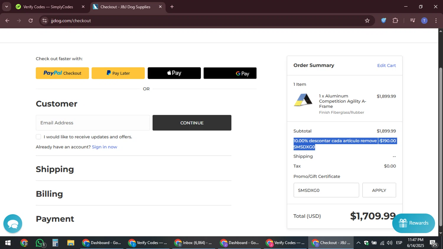 J&J Dog Supplies promo code screenshot showing code SMSDXG0 applied at J&J Dog Supplies checkout page. Uploaded by SimplyCodes community member snidertom8 on Jun 15, 2025