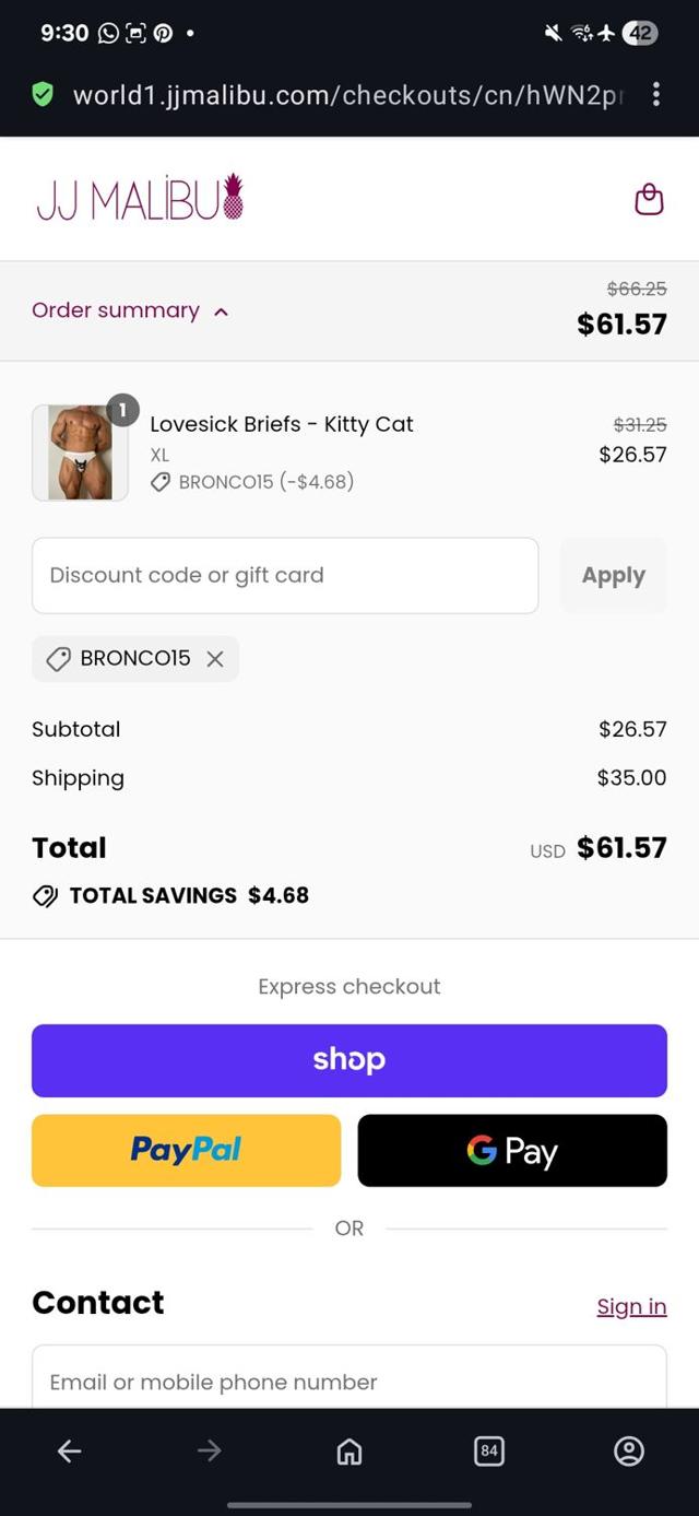 JJ Malibu checkout page showing JJ Malibu discount code box | Screenshot taken by SimplyCodes community member on Sep 11, 2025
