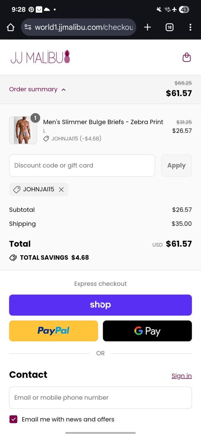 JJ Malibu checkout page showing JJ Malibu discount code box | Screenshot taken by SimplyCodes community member on Sep 11, 2025