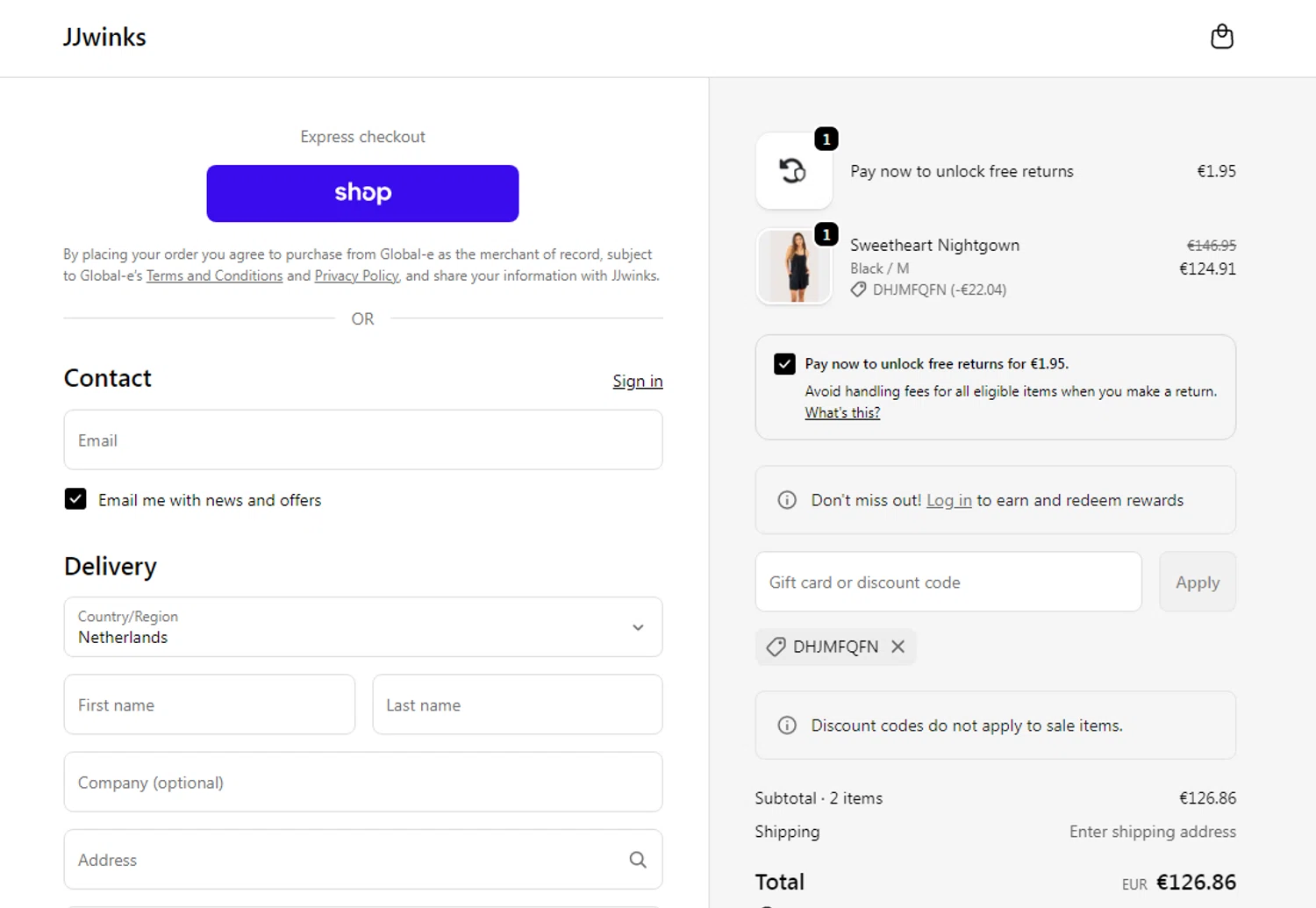 JJwinks promo code screenshot showing code DHJMFQFN applied at JJwinks checkout page. Uploaded by SimplyCodes community member RonaldAcunaJr on Feb 5, 2026