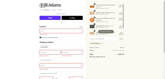 J.K. Adams checkout page showing J.K. Adams promo code box | Screenshot taken by SimplyCodes community member on Sep 4, 2025