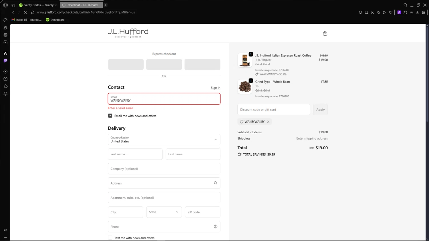 J.L. Hufford promo code screenshot showing code WAKEYWAKEY applied at J.L. Hufford checkout page. Uploaded by SimplyCodes community member CleverSage7079 on Oct 18, 2025