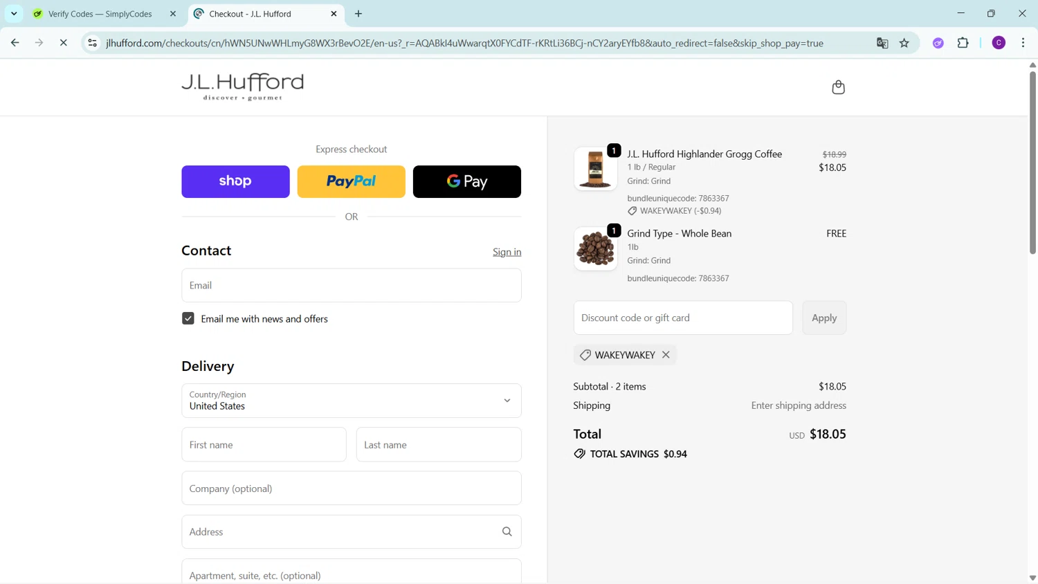 J.L. Hufford promo code screenshot showing code WAKEYWAKEY applied at J.L. Hufford checkout page. Uploaded by SimplyCodes community member GoldSeeker3096 on Nov 19, 2025