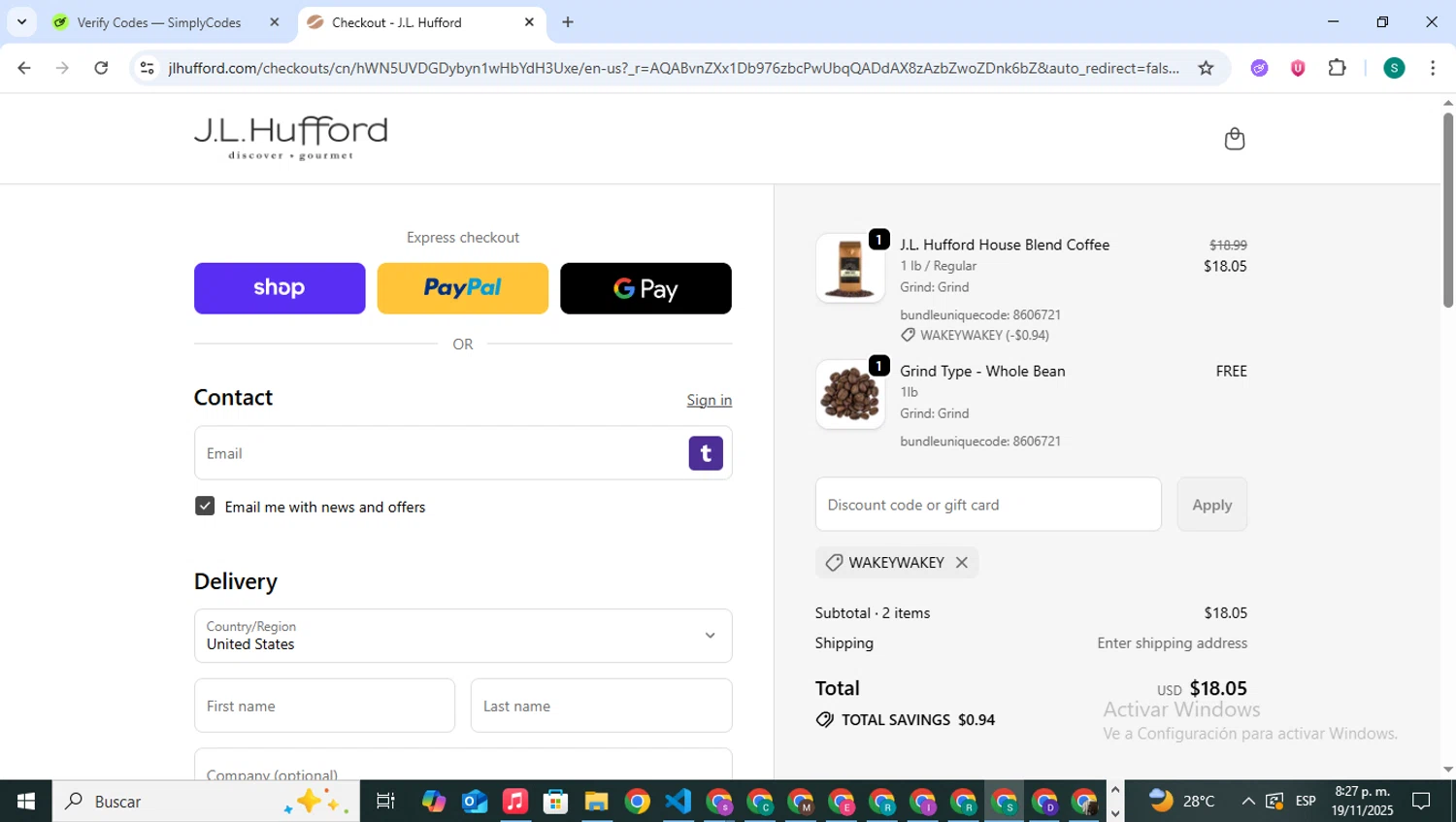 J.L. Hufford promo code screenshot showing code WAKEYWAKEY applied at J.L. Hufford checkout page. Uploaded by SimplyCodes community member VictoriousPilot5281 on Nov 20, 2025
