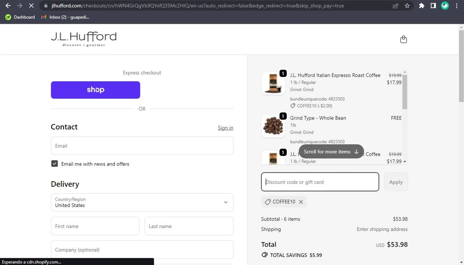 J.L. Hufford promo code screenshot showing code COFFEE10 applied at J.L. Hufford checkout page. Uploaded by SimplyCodes community member PaticoBel on Oct 18, 2025