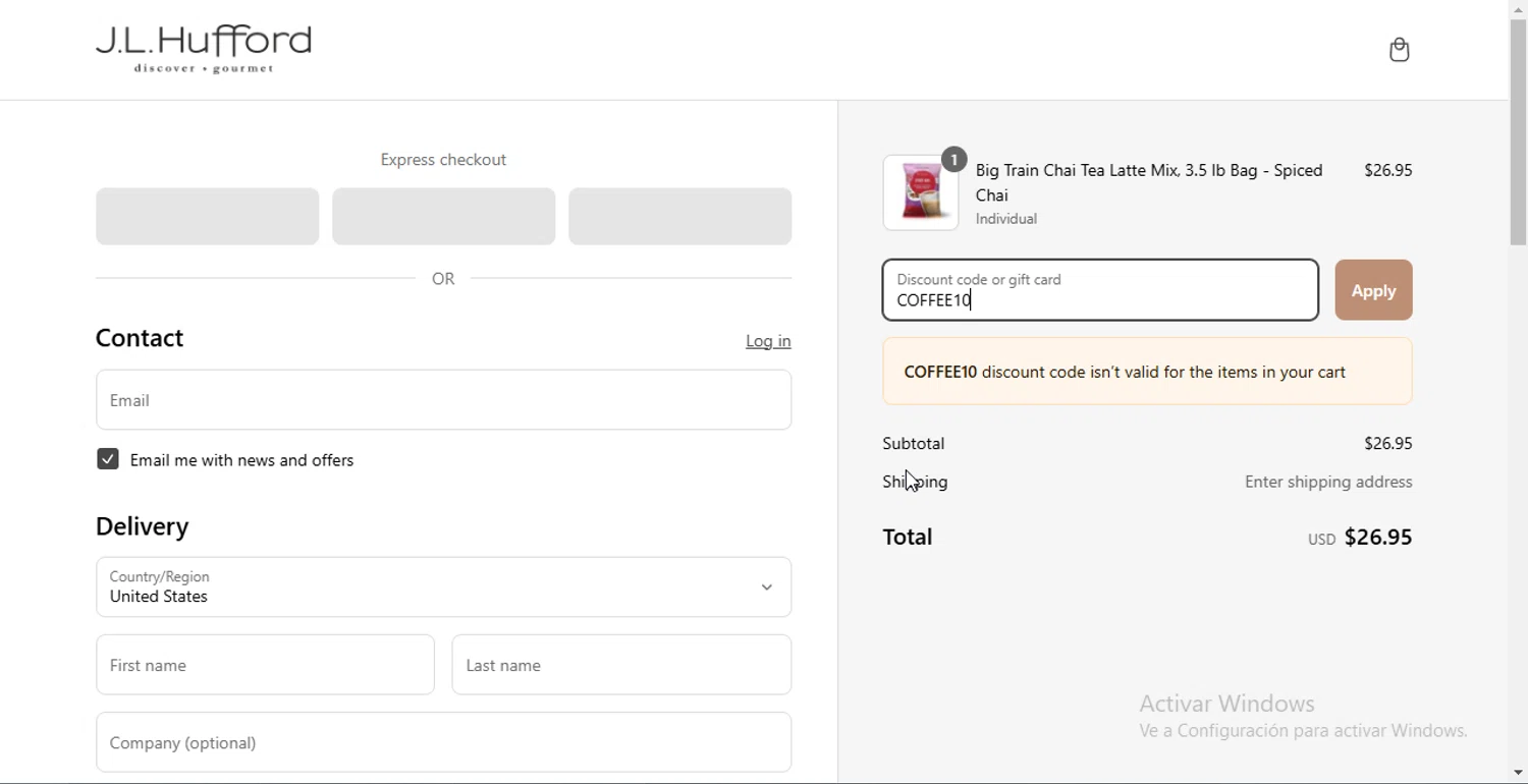 J.L. Hufford promo code screenshot showing code COFFEE10 applied at J.L. Hufford checkout page. Uploaded by SimplyCodes community member Rayyyyyy on Mar 6, 2025