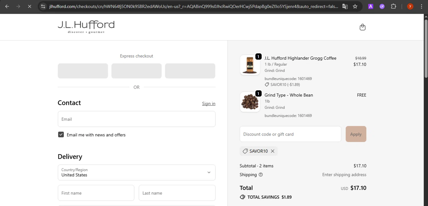 J.L. Hufford promo code screenshot showing code SAVOR10 applied at J.L. Hufford checkout page. Uploaded by SimplyCodes community member CrownTiger7501 on Dec 5, 2025