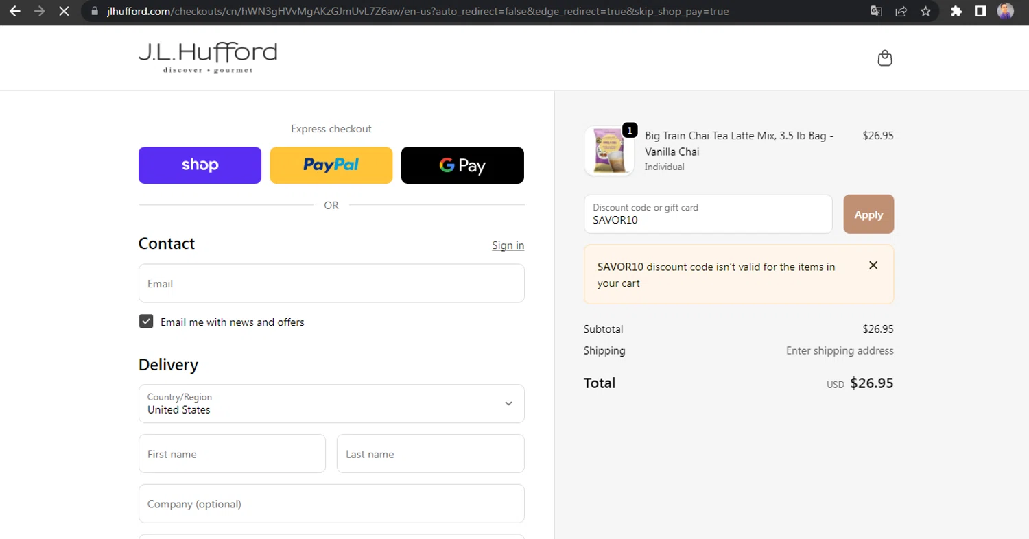 J.L. Hufford promo code screenshot showing code SAVOR10 applied at J.L. Hufford checkout page. Uploaded by SimplyCodes community member HUNTER1406 on Oct 3, 2025
