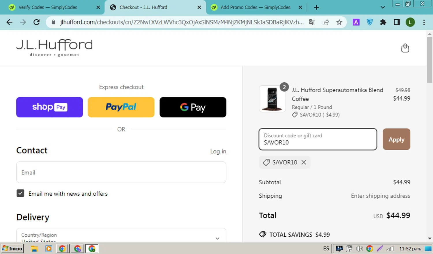 J.L. Hufford promo code screenshot showing code SAVOR10 applied at J.L. Hufford checkout page. Uploaded by SimplyCodes community member FrugalPioneer4965 on Apr 26, 2025