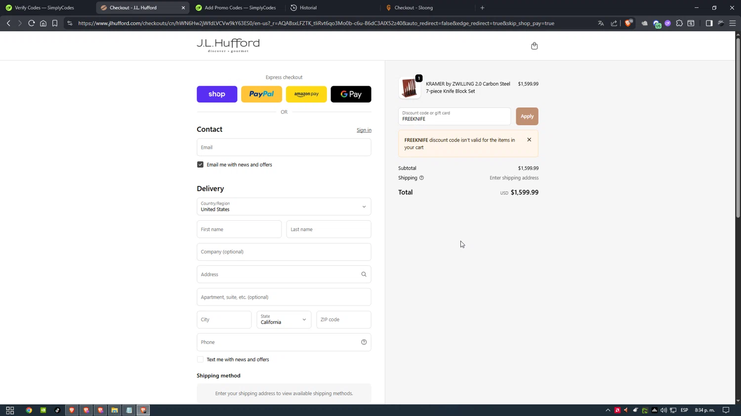 J.L. Hufford promo code screenshot showing code FREEKNIFE applied at J.L. Hufford checkout page. Uploaded by SimplyCodes community member Doomslayer on Dec 11, 2025