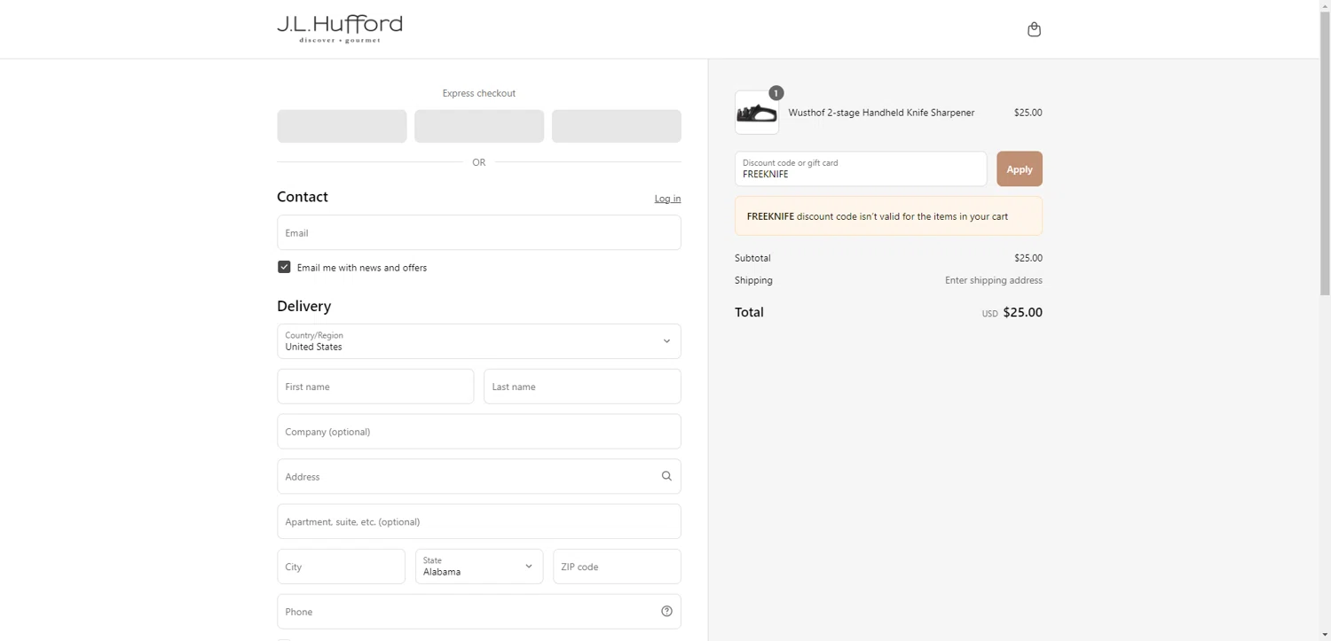 J.L. Hufford promo code screenshot showing code FREEKNIFE applied at J.L. Hufford checkout page. Uploaded by SimplyCodes community member EpicEagle816 on May 22, 2025