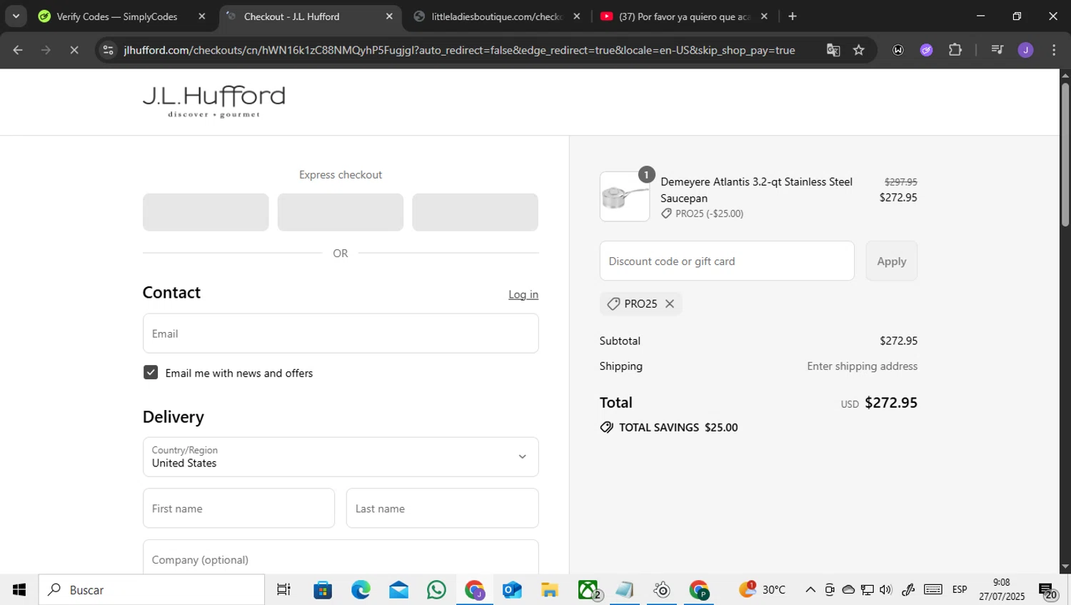 J.L. Hufford promo code screenshot showing code pro25 applied at J.L. Hufford checkout page. Uploaded by SimplyCodes community member ENCARAMESSI on Jul 27, 2025