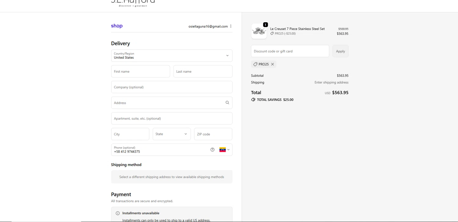J.L. Hufford promo code screenshot showing code pro25 applied at J.L. Hufford checkout page. Uploaded by SimplyCodes community member Elosox on Oct 11, 2025