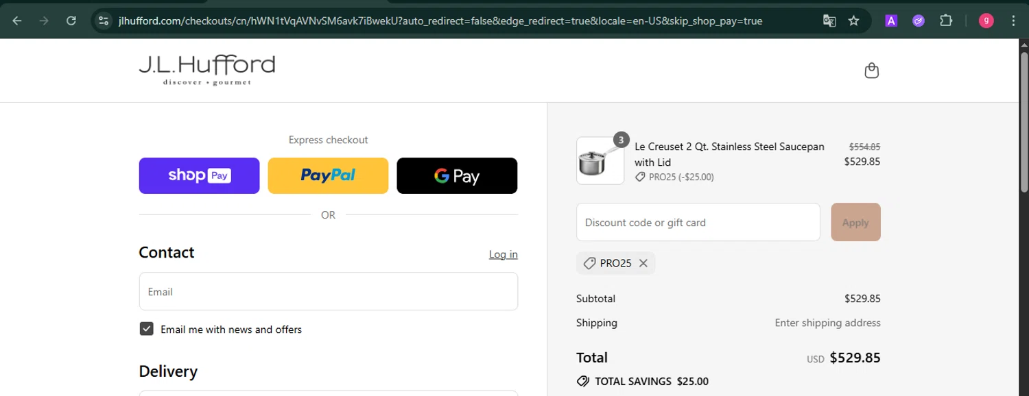 J.L. Hufford promo code screenshot showing code pro25 applied at J.L. Hufford checkout page. Uploaded by SimplyCodes community member MoneyFalcon481 on Aug 17, 2025