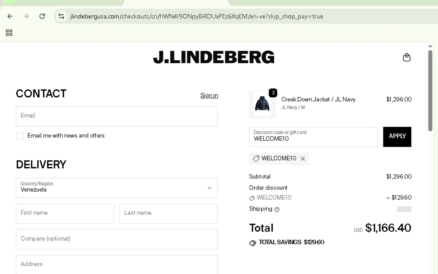 J. Lindeberg promo code screenshot showing code WELCOME10 applied at J. Lindeberg checkout page. Uploaded by SimplyCodes community member NobleSentinel8535 on Oct 19, 2025