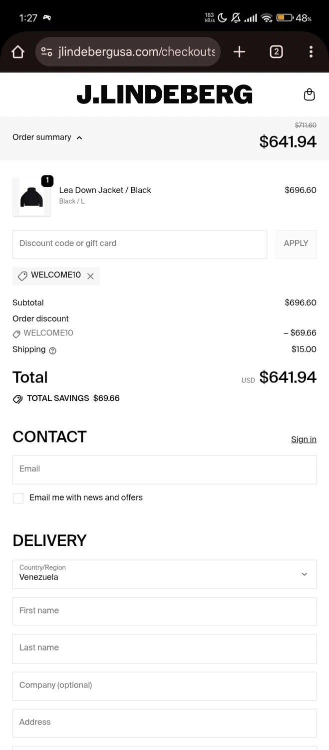 J. Lindeberg promo code screenshot showing code WELCOME10 applied at J. Lindeberg checkout page. Uploaded by SimplyCodes community member RebateShopper5497 on Oct 23, 2025