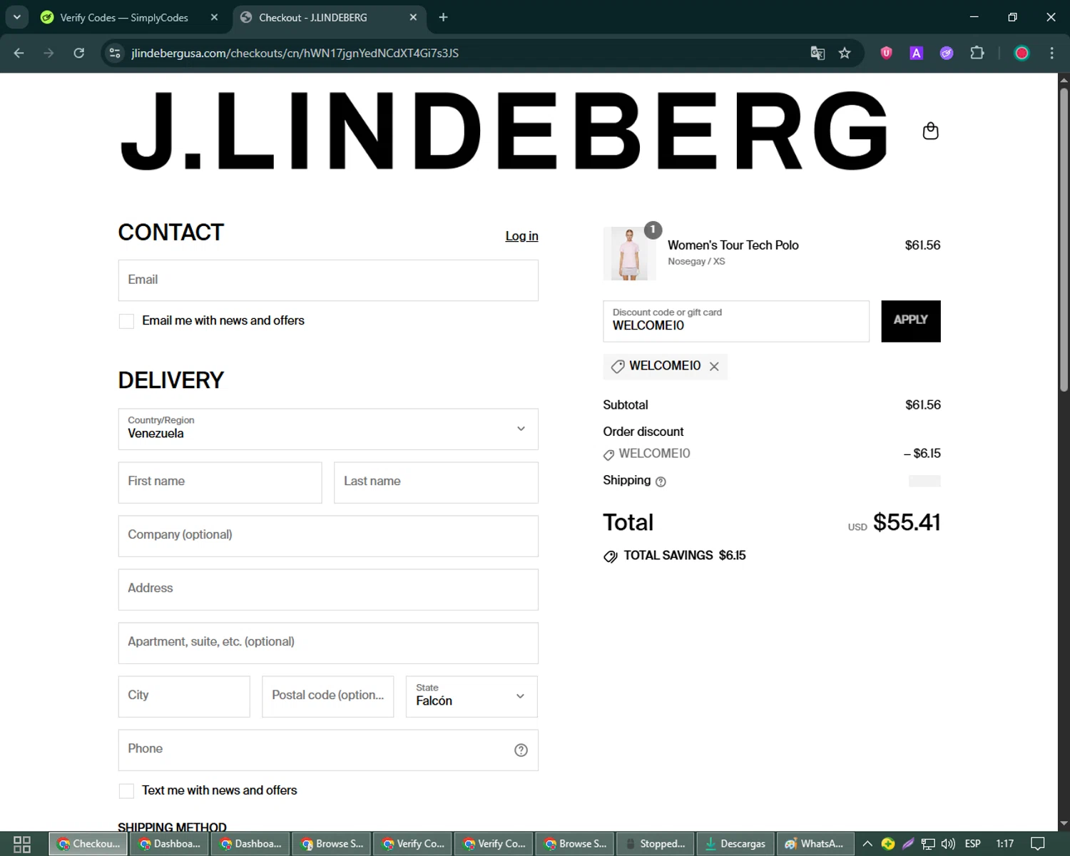 J. Lindeberg promo code screenshot showing code WELCOME10 applied at J. Lindeberg checkout page. Uploaded by SimplyCodes community member William_Jones on Jul 27, 2025