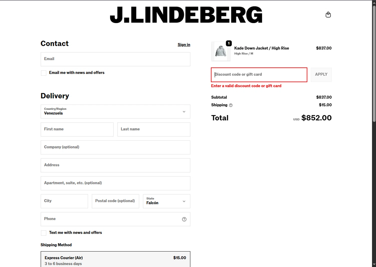 J. Lindeberg promo code screenshot showing code VET22 applied at J. Lindeberg checkout page. Uploaded by SimplyCodes community member BargainSaver8204 on Nov 15, 2025