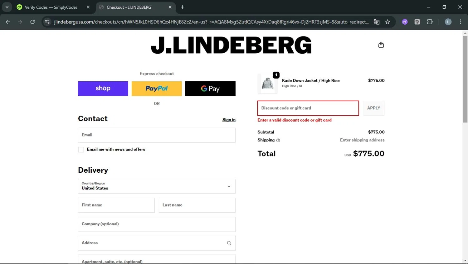 J. Lindeberg promo code screenshot showing code VET22 applied at J. Lindeberg checkout page. Uploaded by SimplyCodes community member RoyalOwl5790 on Nov 15, 2025