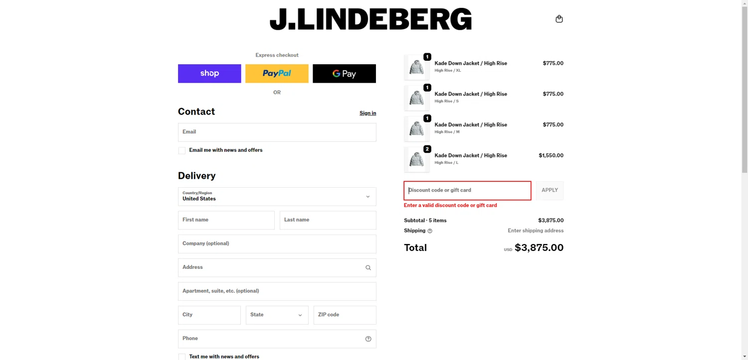 J. Lindeberg promo code screenshot showing code CM50 applied at J. Lindeberg checkout page. Uploaded by SimplyCodes community member DiscountWarden480 on Dec 5, 2025