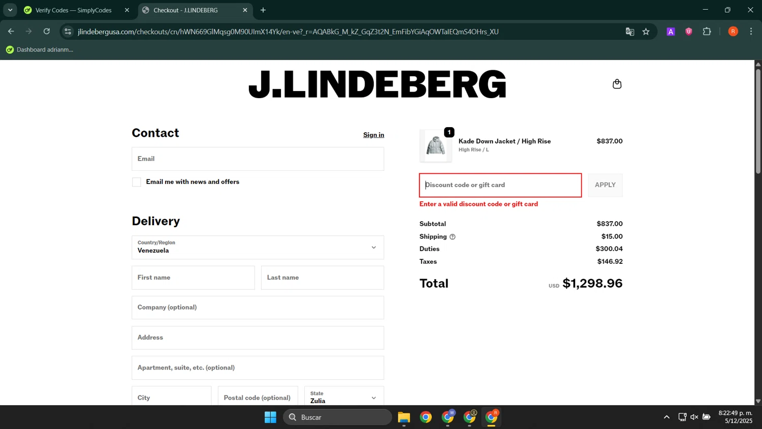 J. Lindeberg promo code screenshot showing code CM50 applied at J. Lindeberg checkout page. Uploaded by SimplyCodes community member LuckyShopper9694 on Dec 6, 2025