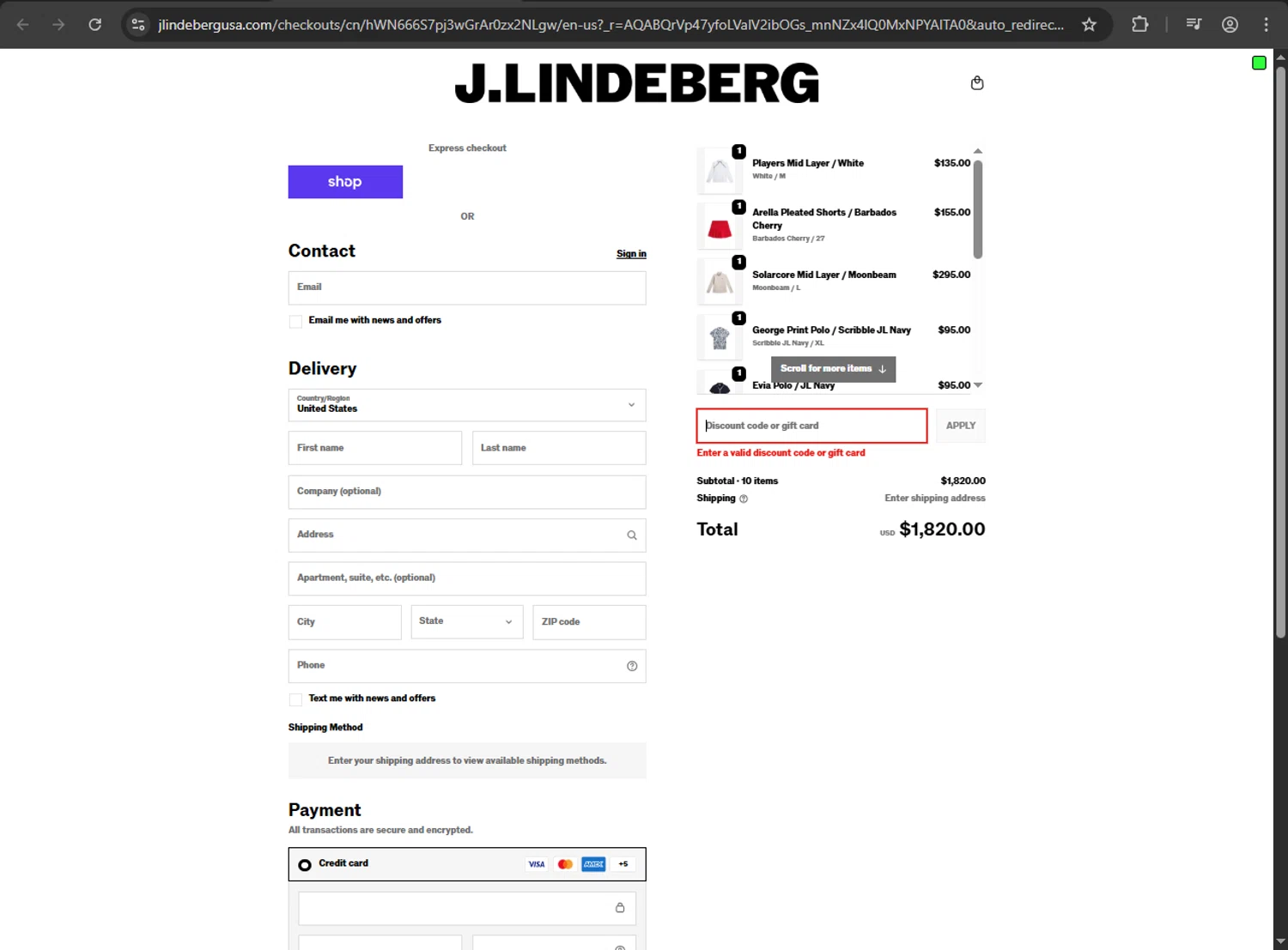 J. Lindeberg promo code screenshot showing code CM50 applied at J. Lindeberg checkout page. Uploaded by SimplyCodes community member webopeluo on Dec 5, 2025