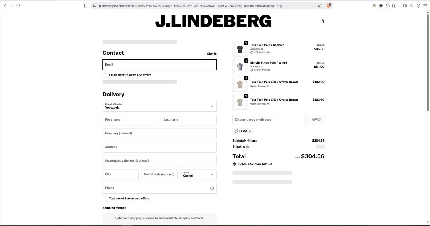J. Lindeberg checkout page showing J. Lindeberg promo code box | Screenshot taken by SimplyCodes community member on Jan 28, 2026