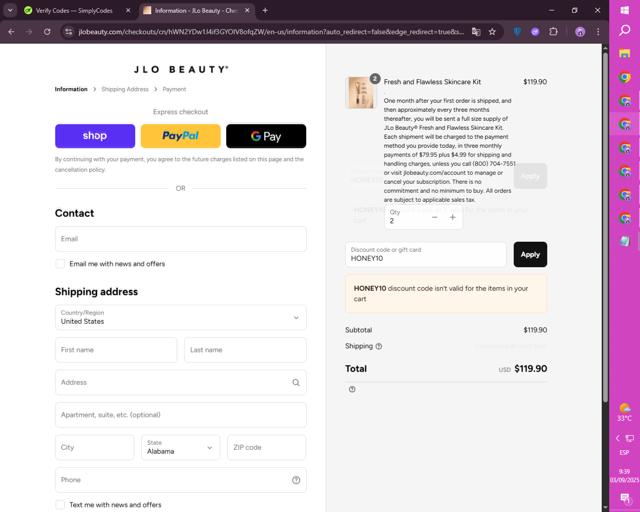 JLo Beauty checkout page showing JLo Beauty discount code box | Screenshot taken by SimplyCodes community member on Sep 3, 2025