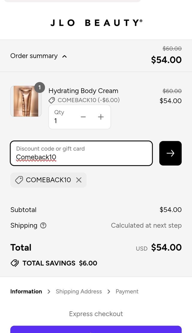 JLo Beauty checkout page showing JLo Beauty discount code box | Screenshot taken by SimplyCodes community member on Sep 11, 2025