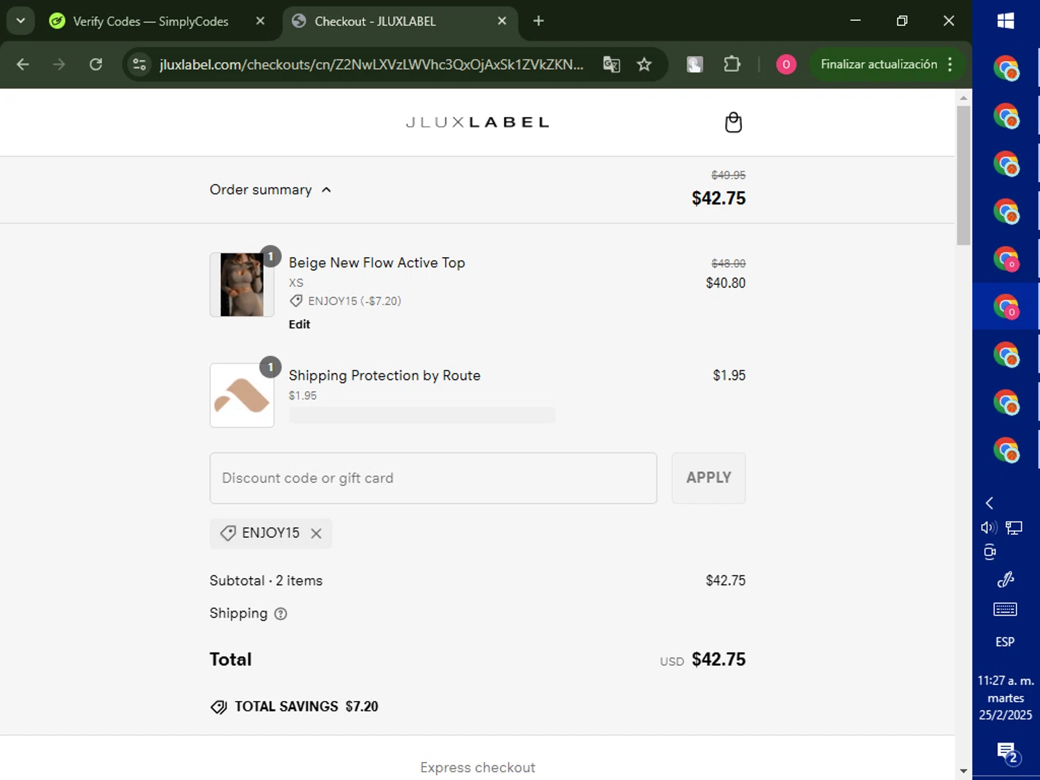 Jlux Label coupon code screenshot showing code ENJOY15 applied at Jlux Label checkout page. Uploaded by SimplyCodes community member LegendaryRanger6350 on Feb 25, 2025