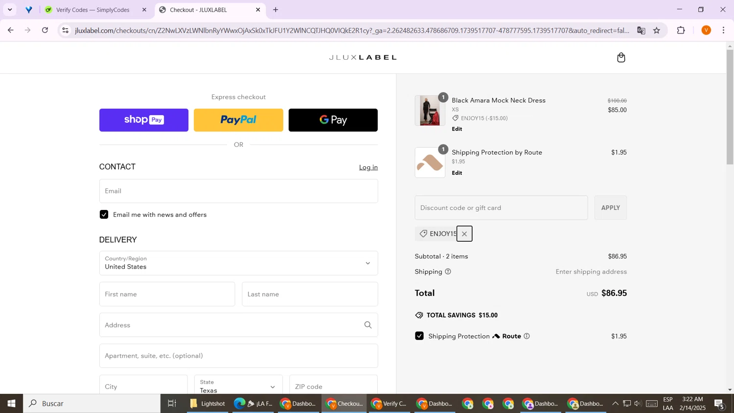 Jlux Label coupon code screenshot showing code ENJOY15 applied at Jlux Label checkout page. Uploaded by SimplyCodes community member TheGrefg on Feb 14, 2025