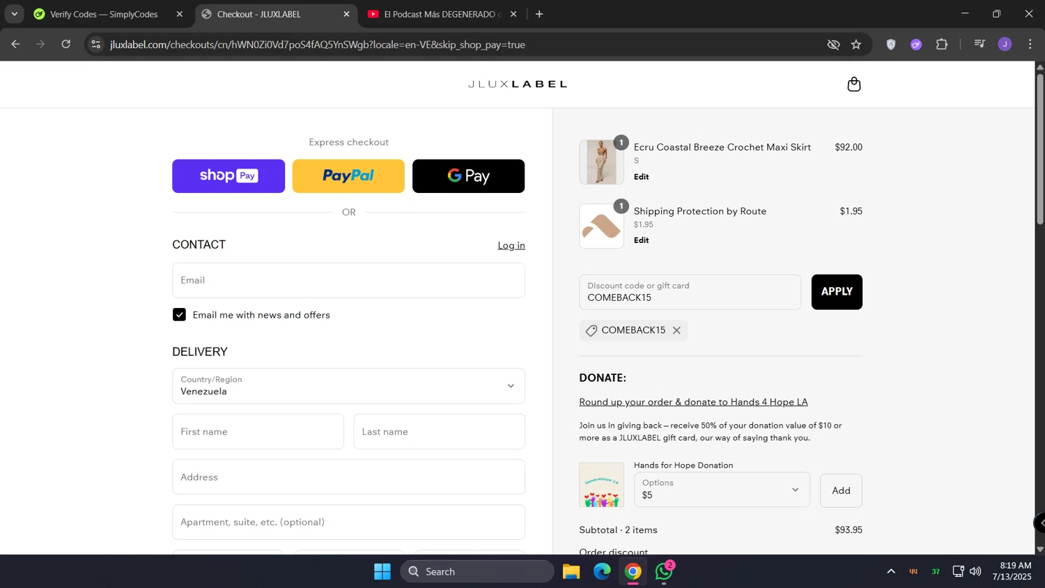 Jlux Label coupon code screenshot showing code COMEBACK15 applied at Jlux Label checkout page. Uploaded by SimplyCodes community member lunita on Jul 13, 2025