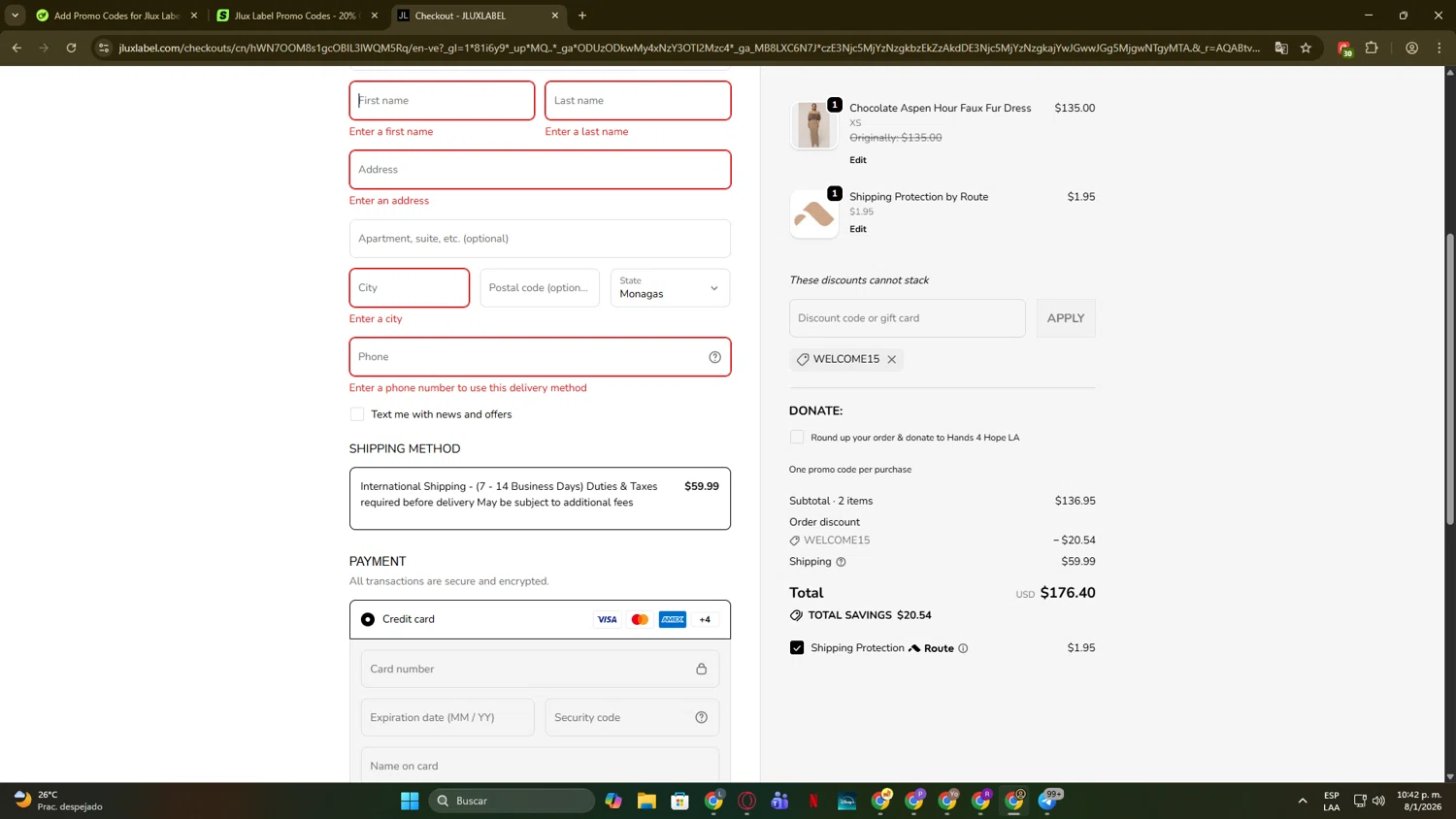 Jlux Label coupon code screenshot showing code WELCOME15 applied at Jlux Label checkout page. Uploaded by SimplyCodes community member noveoo on Jan 9, 2026