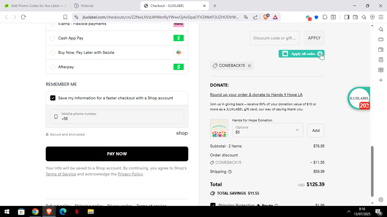 Jlux Label coupon code screenshot showing code COMEBACK15 applied at Jlux Label checkout page. Uploaded by SimplyCodes community member ELYEYE on Jul 13, 2025