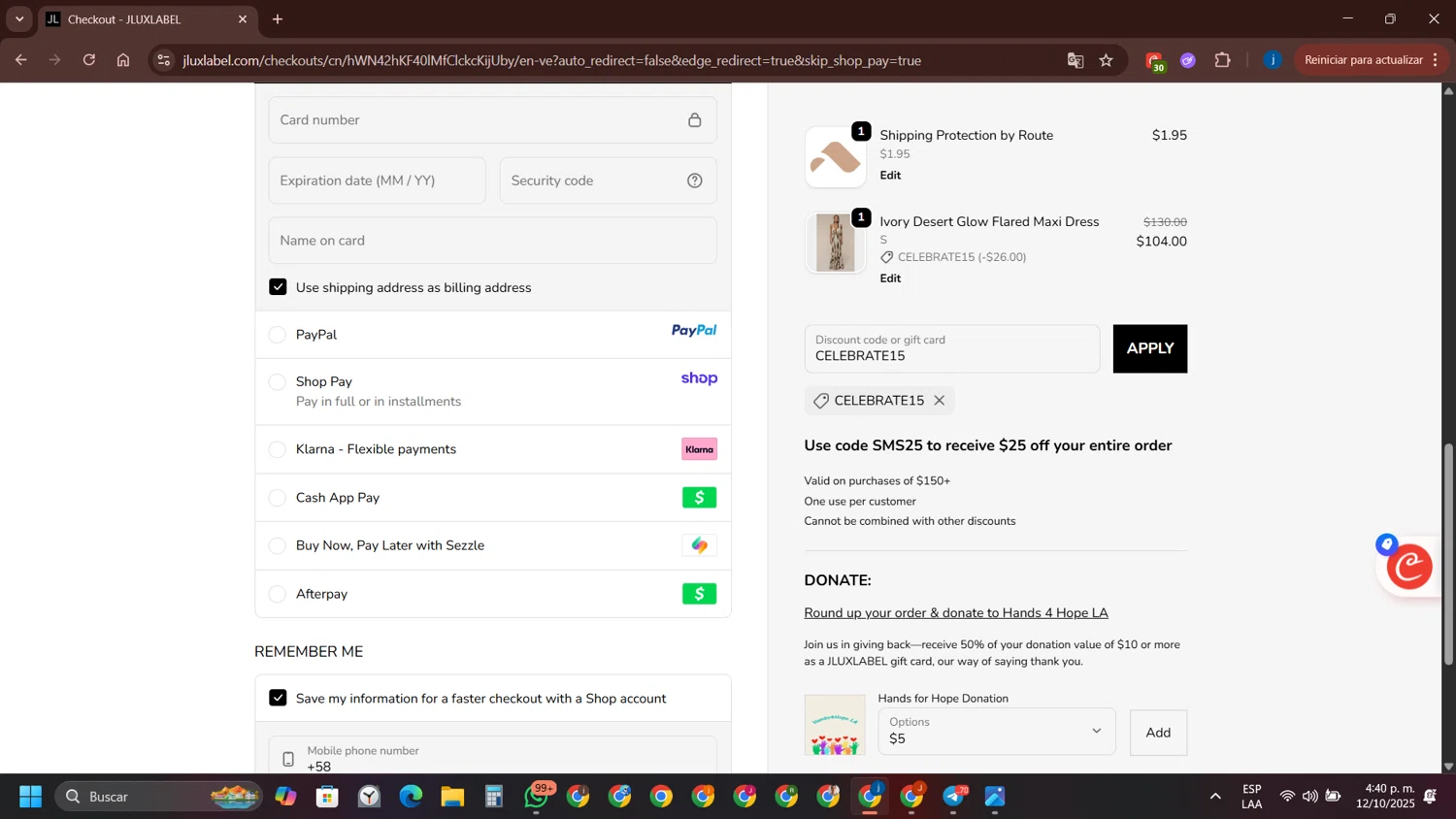 Jlux Label coupon code screenshot showing code CELEBRATE15 applied at Jlux Label checkout page. Uploaded by SimplyCodes community member ShieldAce8260 on Oct 12, 2025