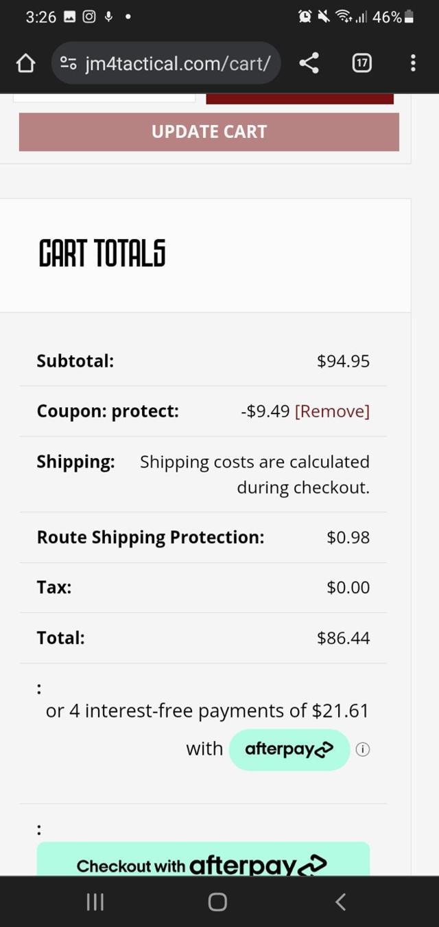 JM4 Tactical checkout page showing JM4 Tactical coupon code box | Screenshot taken by SimplyCodes community member on Nov 8, 2023