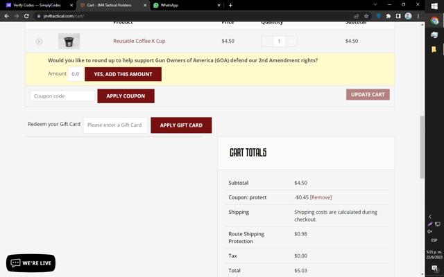 JM4 Tactical checkout page showing JM4 Tactical coupon code box | Screenshot taken by SimplyCodes community member on Jun 22, 2023