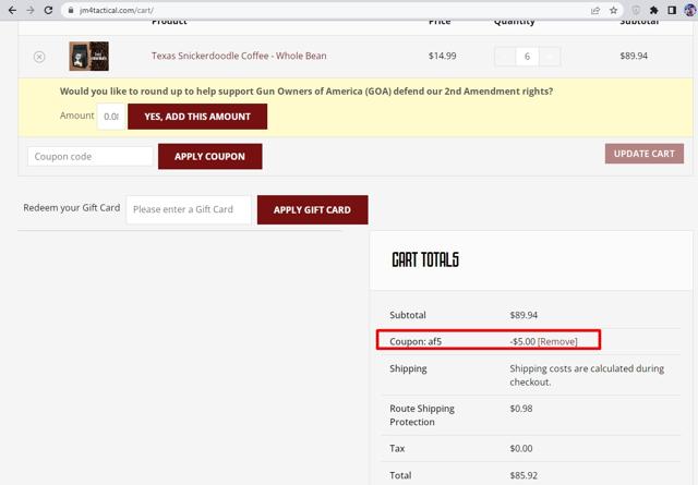JM4 Tactical checkout page showing JM4 Tactical coupon code box | Screenshot taken by SimplyCodes community member on Jun 22, 2023