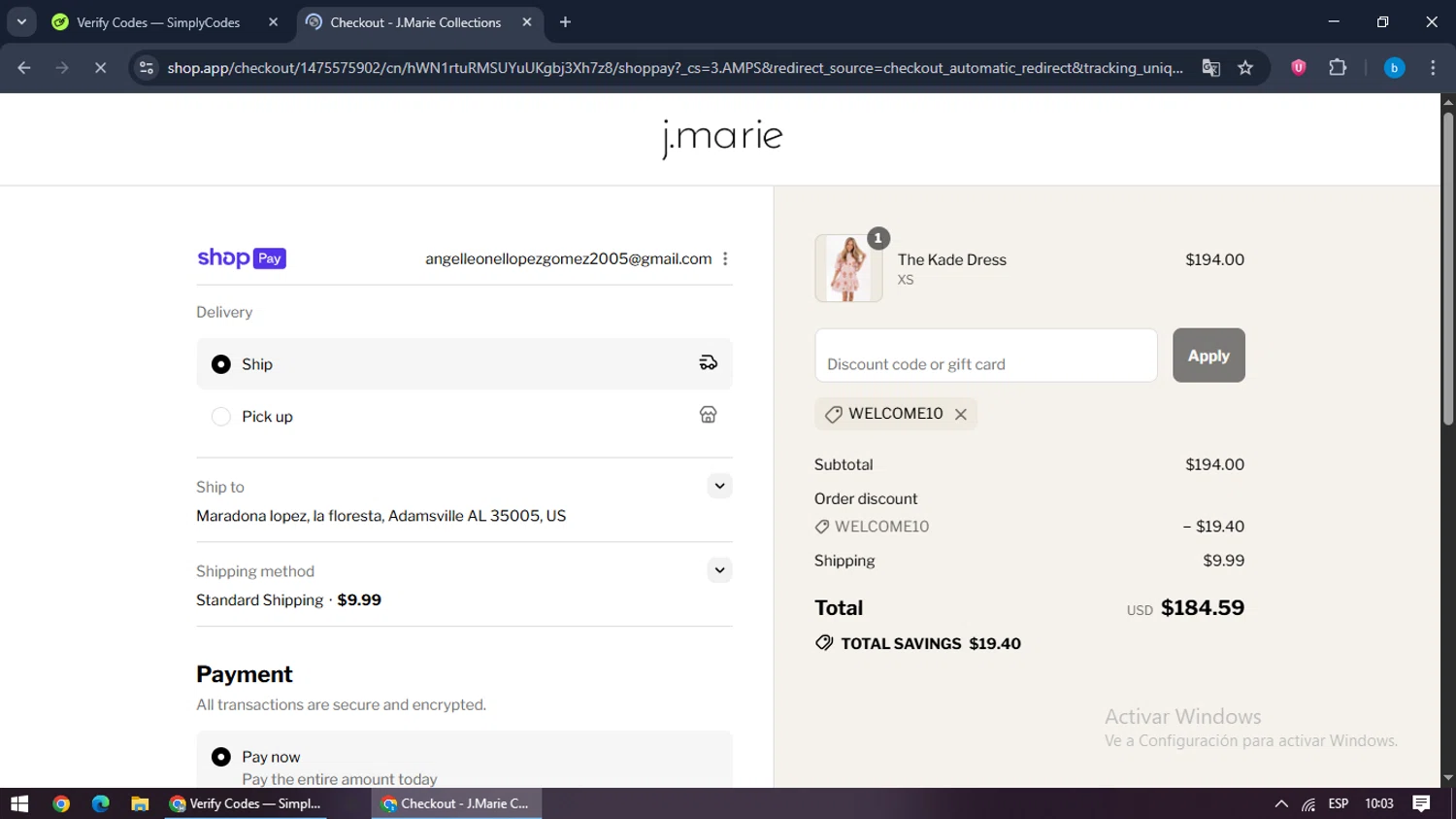 J. Marie Collections promo code screenshot showing code WELCOME10 applied at J. Marie Collections checkout page. Uploaded by SimplyCodes community member bilijr on Aug 16, 2025